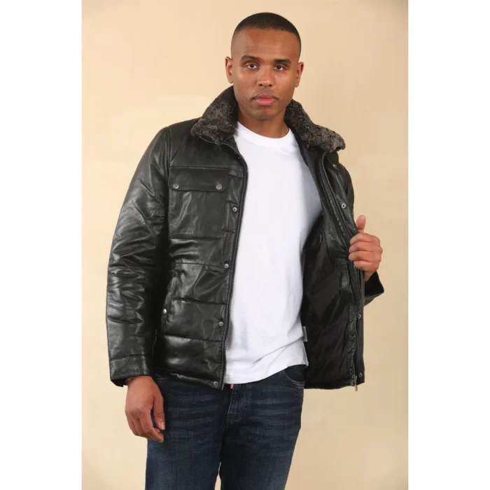 Men's Quilted Faux Fur Collar Leather Jacket - Image 6