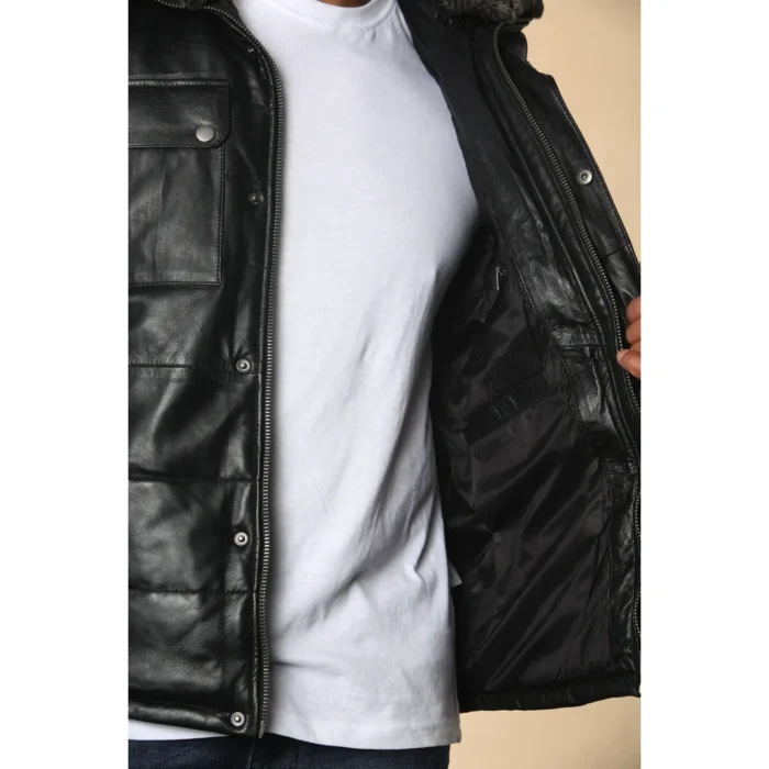 Men's Quilted Faux Fur Collar Leather Jacket - Image 5