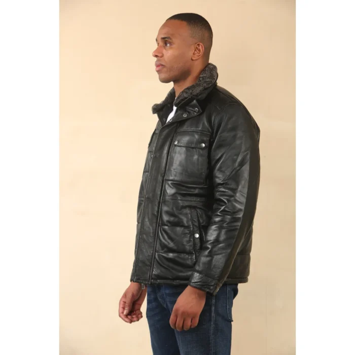 Men's Quilted Faux Fur Collar Leather Jacket - Image 4