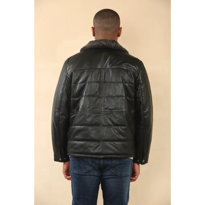 Men's Quilted Faux Fur Collar Leather Jacket - Image 7