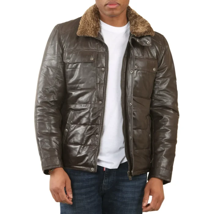 Men's Quilted Faux Fur Collar Leather Jacket - Image 10