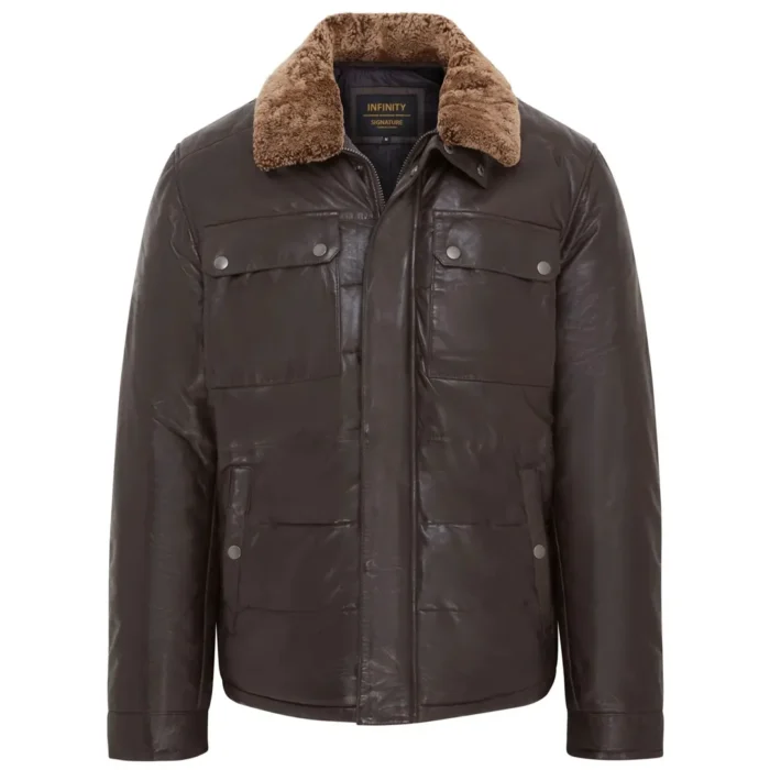 Men's Quilted Faux Fur Collar Leather Jacket - Image 8
