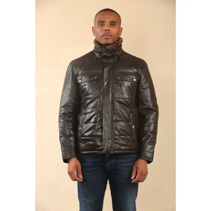 Men's Quilted Faux Fur Collar Leather Jacket - Image 9