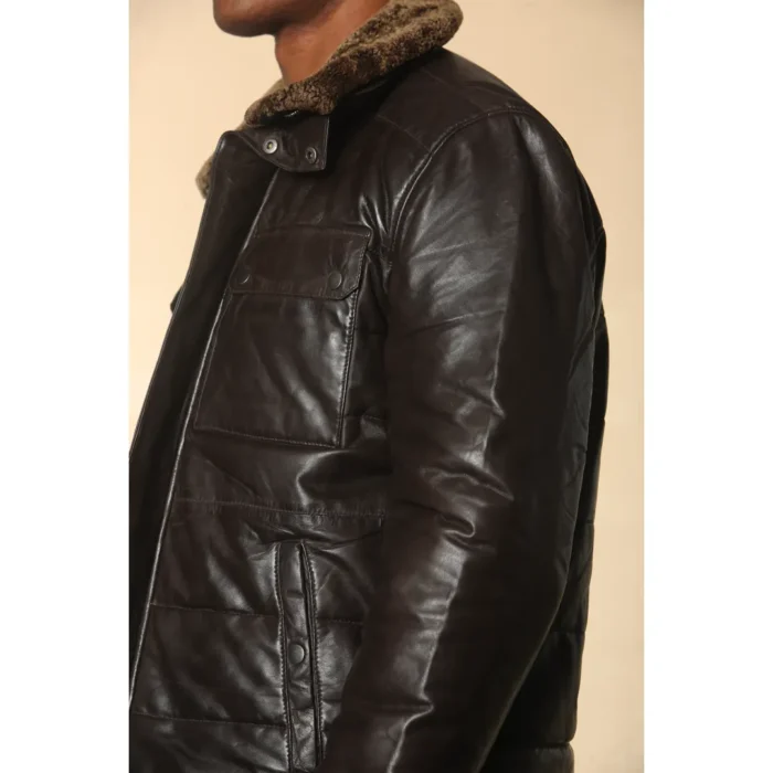 Men's Quilted Faux Fur Collar Leather Jacket - Image 14