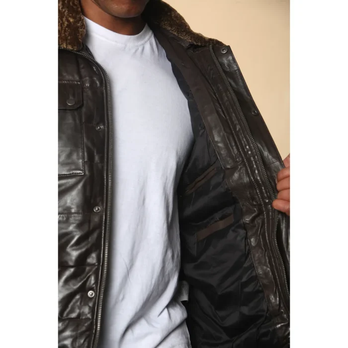 Men's Quilted Faux Fur Collar Leather Jacket - Image 13