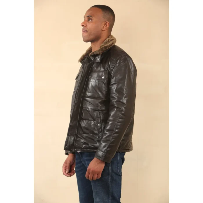 Men's Quilted Faux Fur Collar Leather Jacket - Image 12