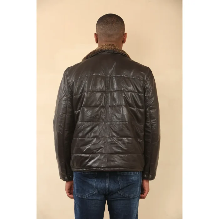 Men's Quilted Faux Fur Collar Leather Jacket - Image 11