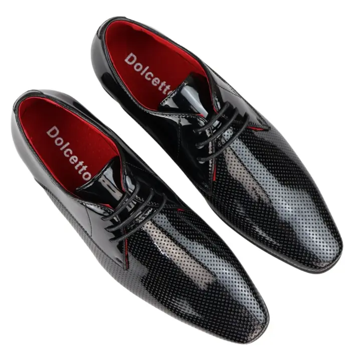 Mens Shoes Smart Formal Perforated Pointed Laced Black Red White Patent Leather PU - Image 8