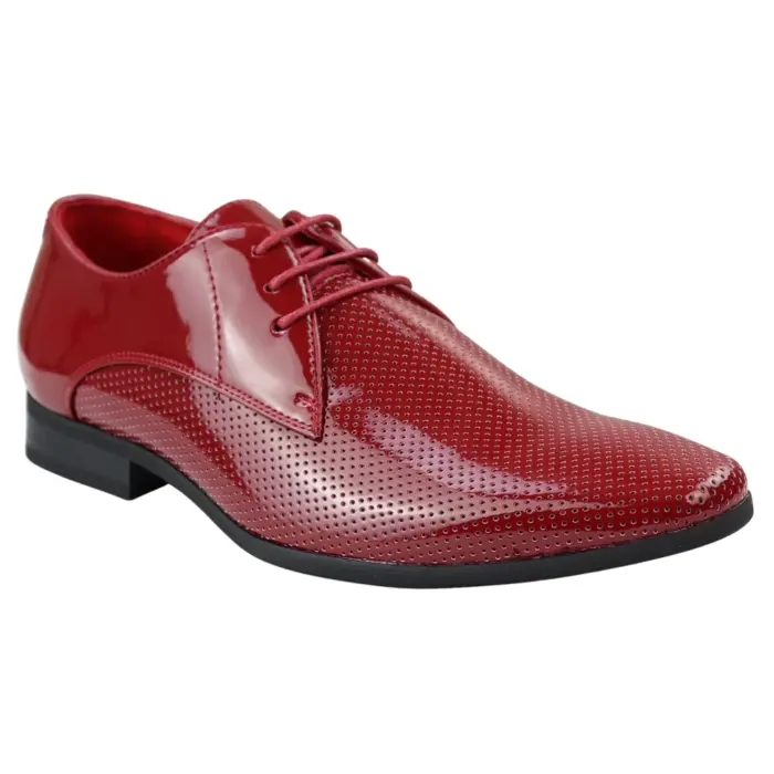 Mens Shoes Smart Formal Perforated Pointed Laced Black Red White Patent Leather PU - Image 15