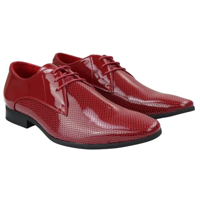 Mens Shoes Smart Formal Perforated Pointed Laced Black Red White Patent Leather PU - Image 14