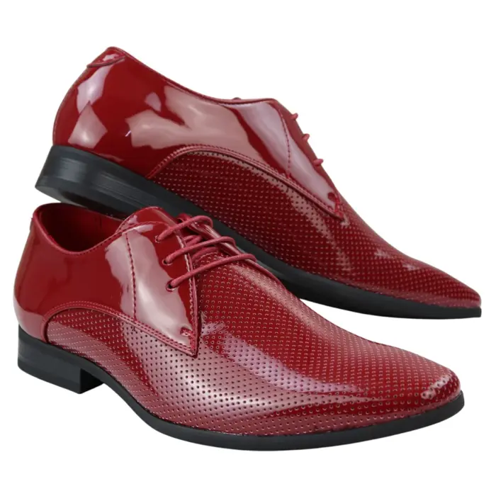 Mens Shoes Smart Formal Perforated Pointed Laced Black Red White Patent Leather PU - Image 13