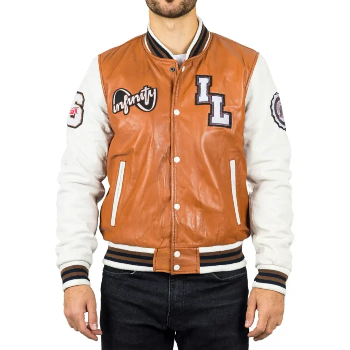 Men's Tan Brown Genuine Leather Bomber Jacket Baseball Letterman Coat - Image 1