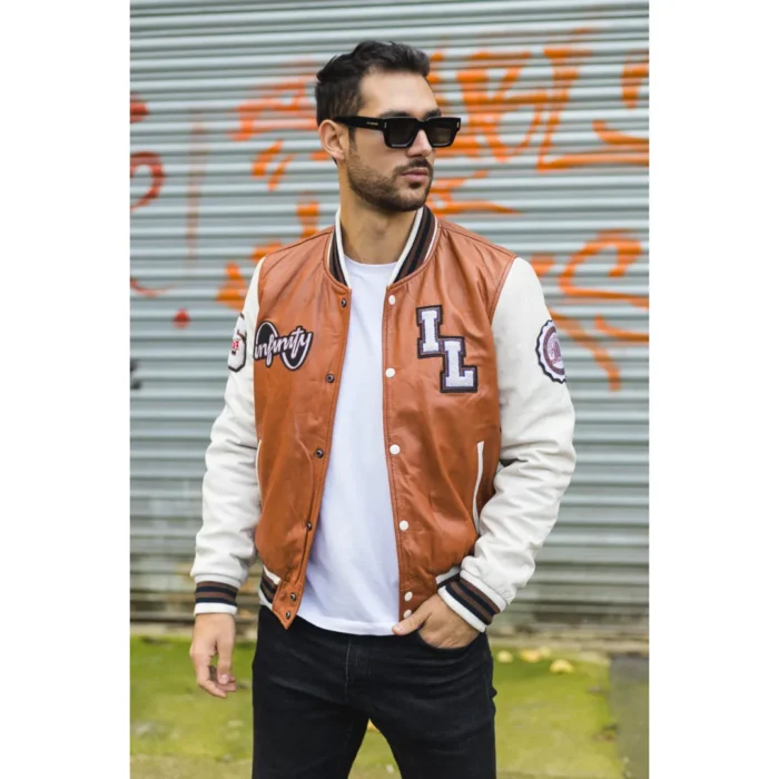 Men's Tan Brown Genuine Leather Bomber Jacket Baseball Letterman Coat - Image 2