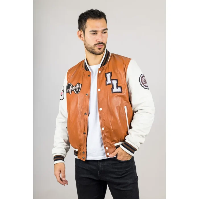 Men's Tan Brown Genuine Leather Bomber Jacket Baseball Letterman Coat - Image 7