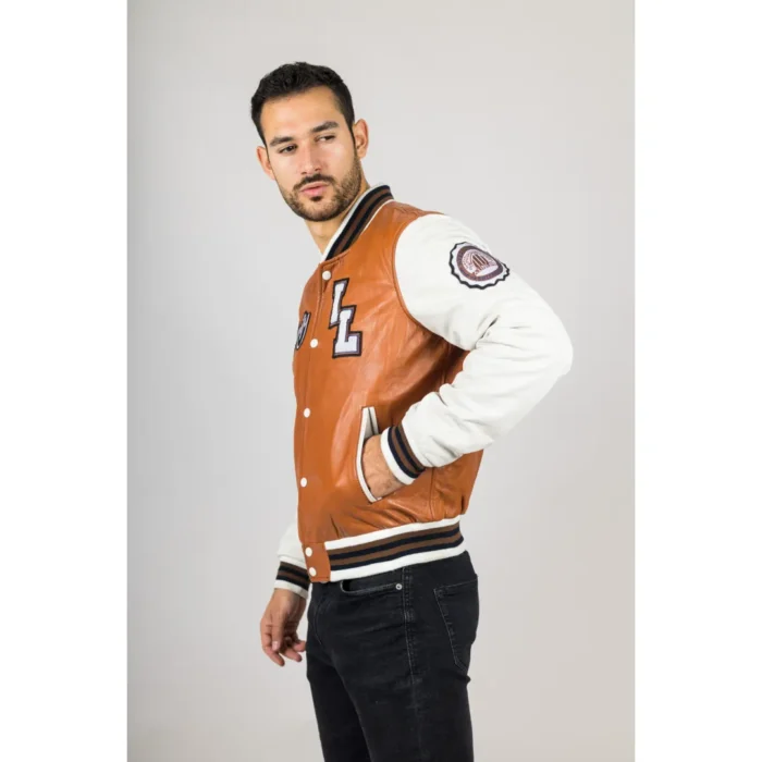 Men's Tan Brown Genuine Leather Bomber Jacket Baseball Letterman Coat - Image 6