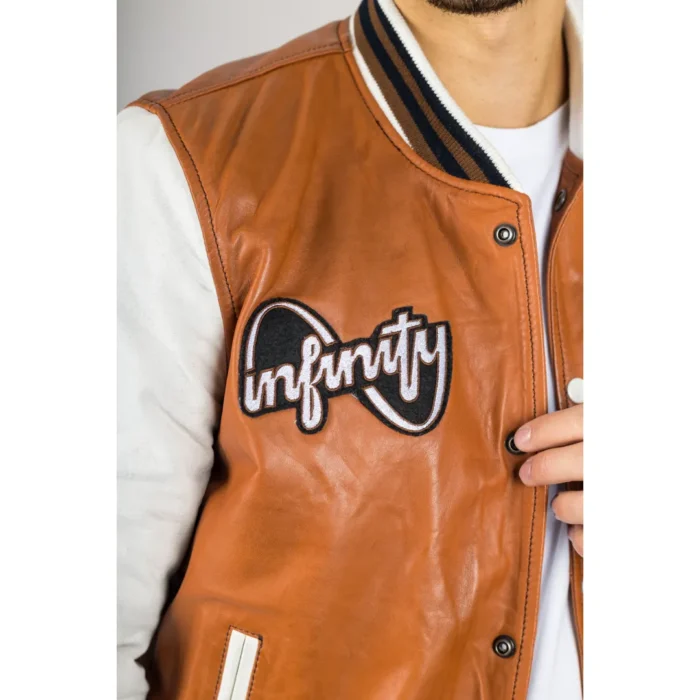 Men's Tan Brown Genuine Leather Bomber Jacket Baseball Letterman Coat - Image 5