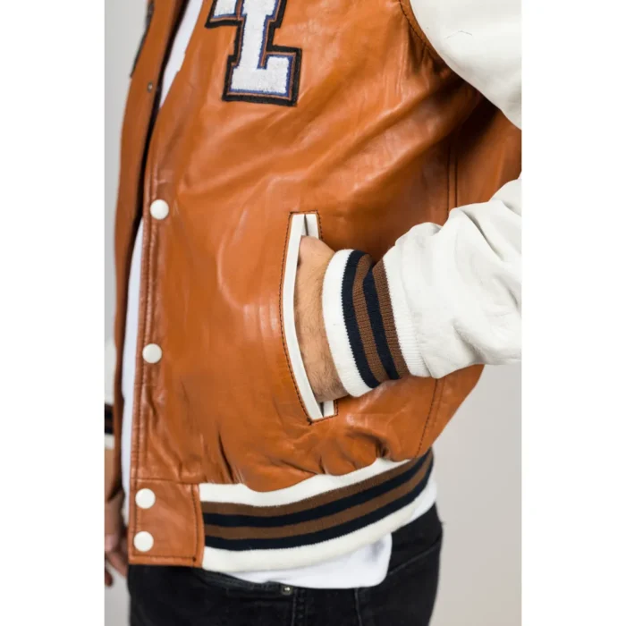 Men's Tan Brown Genuine Leather Bomber Jacket Baseball Letterman Coat - Image 4
