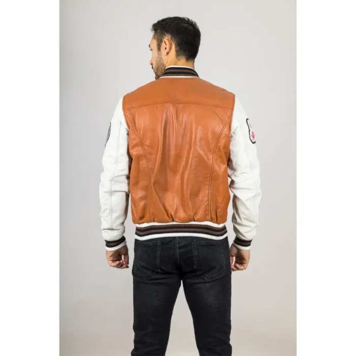 Men's Tan Brown Genuine Leather Bomber Jacket Baseball Letterman Coat - Image 3