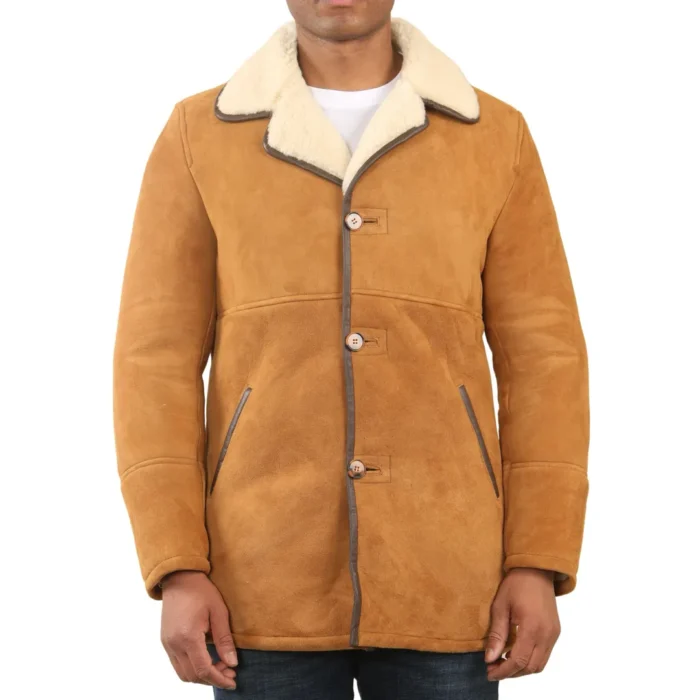 Men's Tan Shearling Sheepskin Car Coat - Image 1