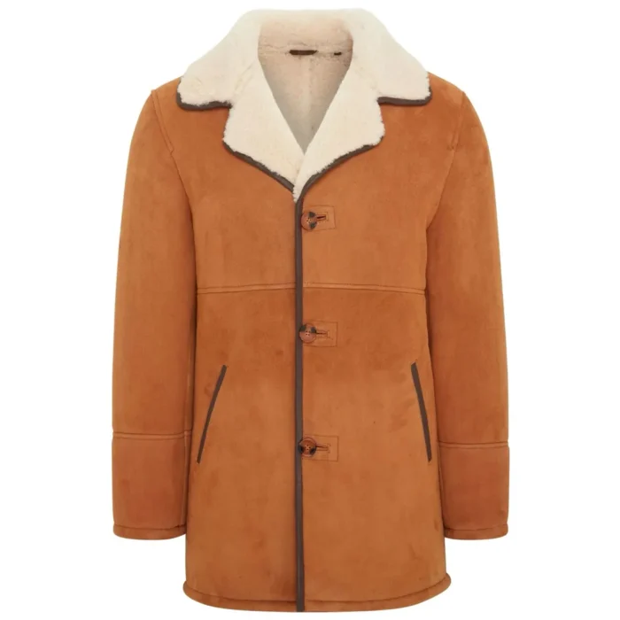 Men's Tan Shearling Sheepskin Car Coat - Image 2