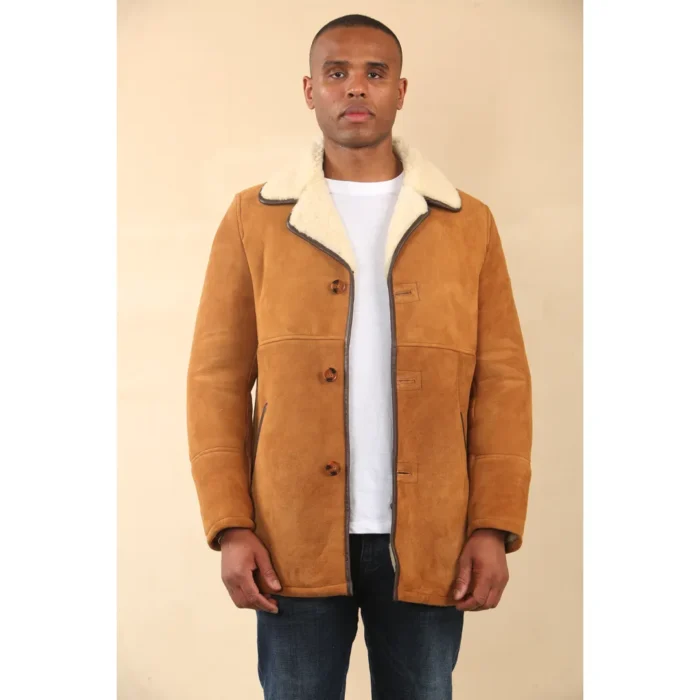Men's Tan Shearling Sheepskin Car Coat - Image 7