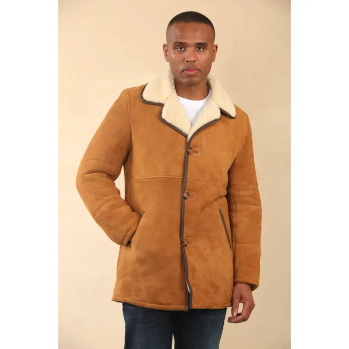 Men's Tan Shearling Sheepskin Car Coat - Image 6