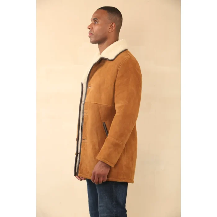 Men's Tan Shearling Sheepskin Car Coat - Image 4