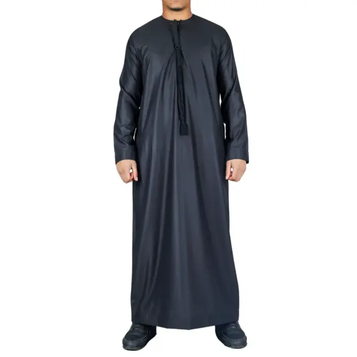 Men's Thobe Emirati Omani Jubba Islamic Clothing Muslim Kaftan Eid Robe Arab String Tassel - Image 8