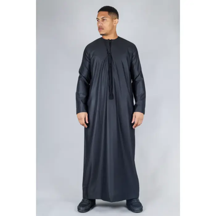 Men's Thobe Emirati Omani Jubba Islamic Clothing Muslim Kaftan Eid Robe Arab String Tassel - Image 14