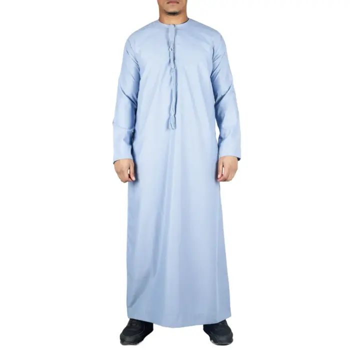 Men's Thobe Emirati Omani Jubba Islamic Clothing Muslim Kaftan Eid Robe Arab String Tassel - Image 15