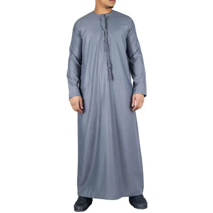 Men's Thobe Emirati Omani Jubba Islamic Clothing Muslim Kaftan Eid Robe Arab String Tassel - Image 29