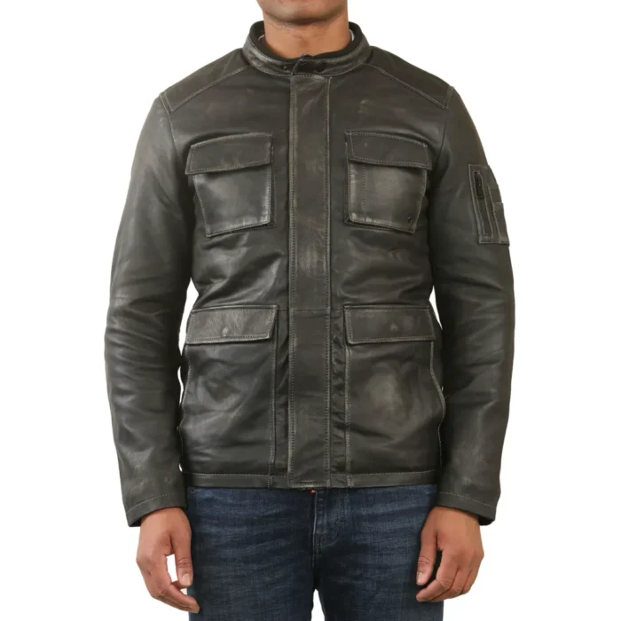 Men's Vintage Black Leather Safari Parka Jacket - Image 1