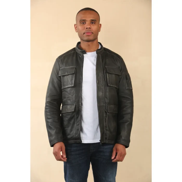 Men's Vintage Black Leather Safari Parka Jacket - Image 7