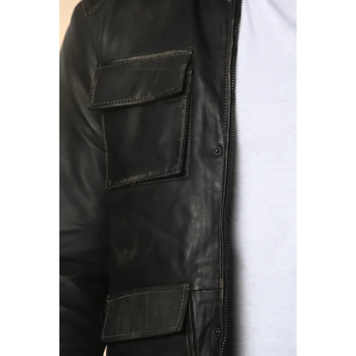 Men's Vintage Black Leather Safari Parka Jacket - Image 5
