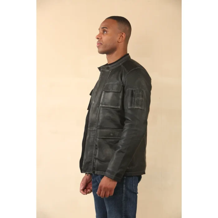 Men's Vintage Black Leather Safari Parka Jacket - Image 4