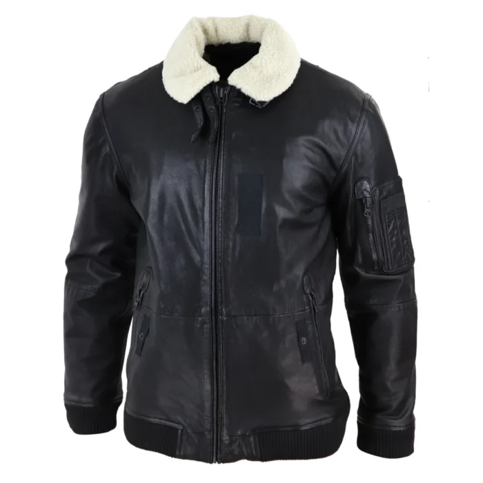 Mens Vintage Real Leather Jacket Washed Bomber Air Force Pilot Fur Collar Casual - Image 2
