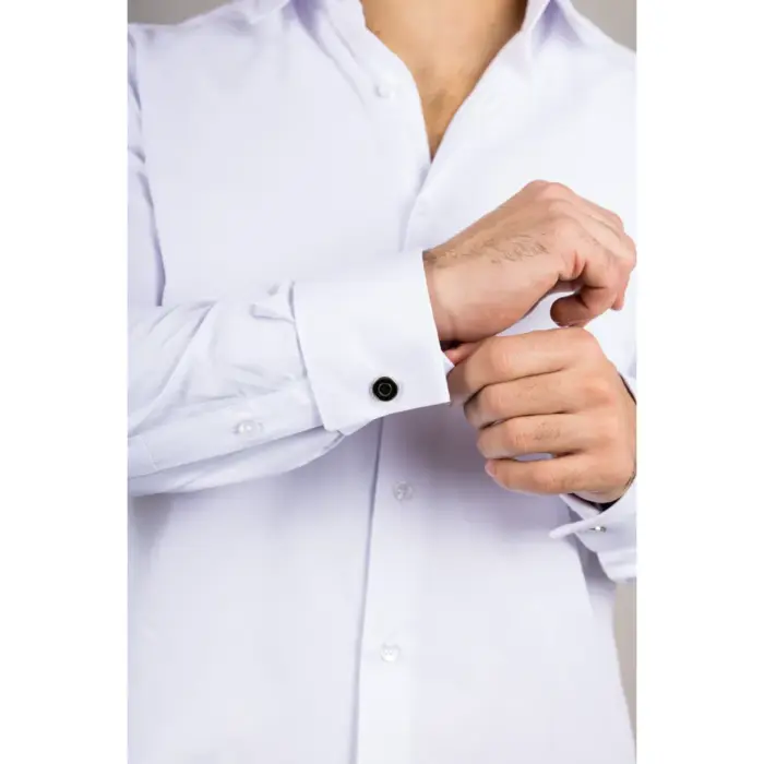 Men's White Long Sleeve Regular Fit Double Cuff Twill Oxford Shirt - Image 2