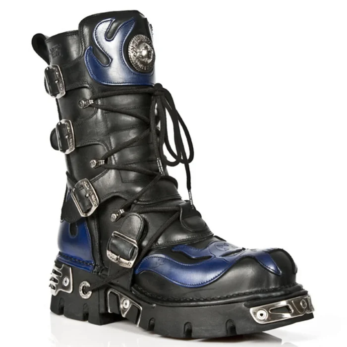 NEW ROCK 107-C5 Unisex Boots Black Blue Leather Skull Devil Gothic Punk Biker - Image 2