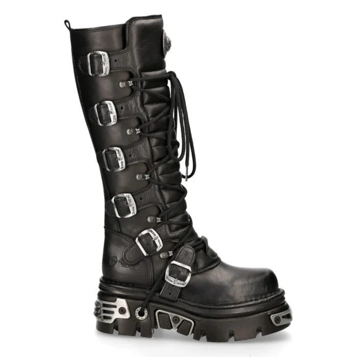 New Rock 272 Metallic Black Goth Knee High Zip Leather Buckle Boots Punk Emo - Image 1