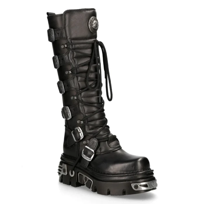 New Rock 272 Metallic Black Goth Knee High Zip Leather Buckle Boots Punk Emo - Image 2
