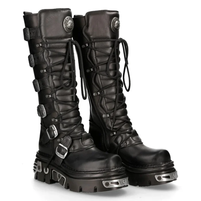New Rock 272 Metallic Black Goth Knee High Zip Leather Buckle Boots Punk Emo - Image 3