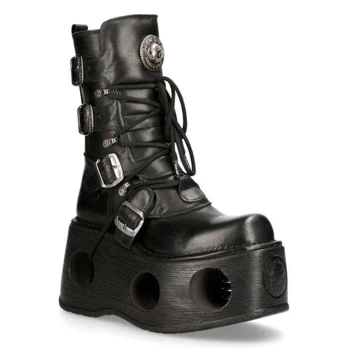 New Rock 373-S2 Metallic Black Leather Neptuno Platform Gothic Boots Buckle - Image 2