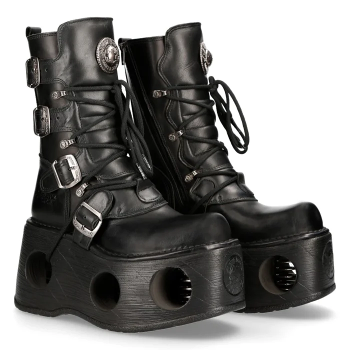 New Rock 373-S2 Metallic Black Leather Neptuno Platform Gothic Boots Buckle - Image 3