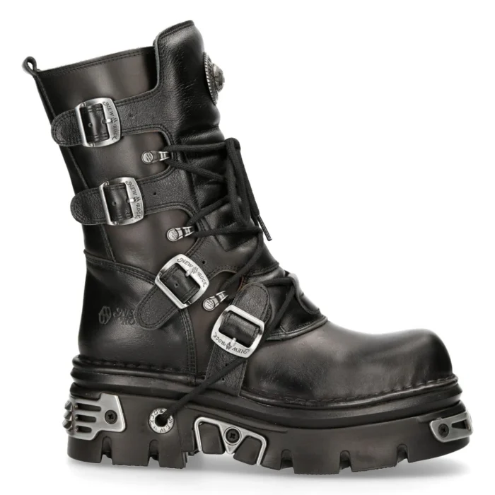 New Rock New Rock 373 S4 Metallic High Boots Black Leather Goth Biker Emo - Image 1