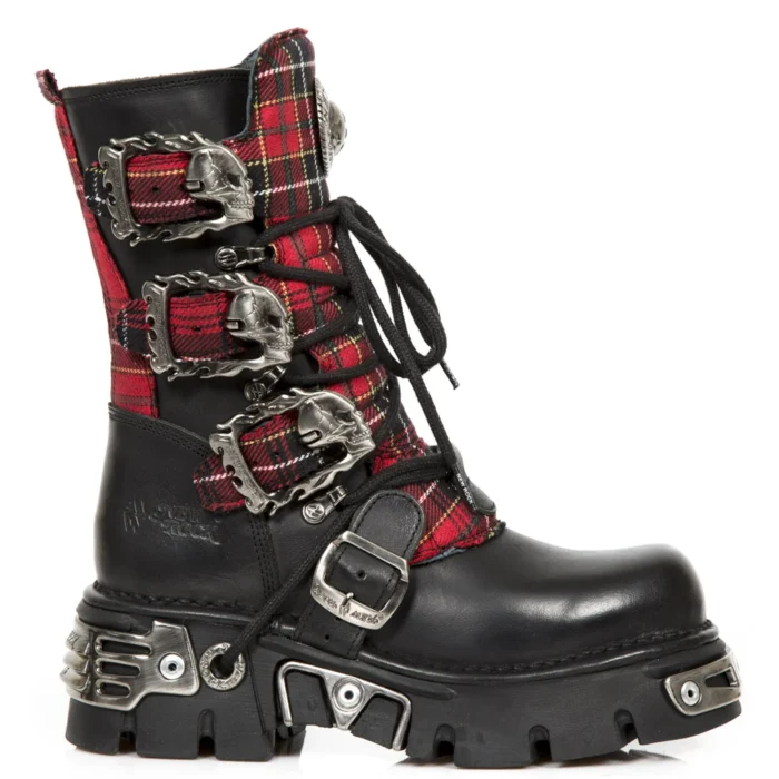 New Rock 391T-S1 Black Leather Tartan Gothic Boots Punk EMO Military - Image 1