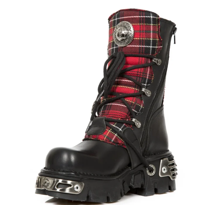 New Rock 391T-S1 Black Leather Tartan Gothic Boots Punk EMO Military - Image 5