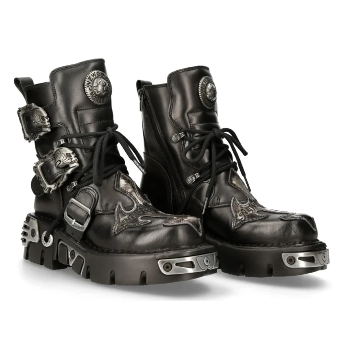 New Rock Mens 407-S1 Silver Cross Black Reactor Sole Leather Ankle Boots Gothic - Image 3