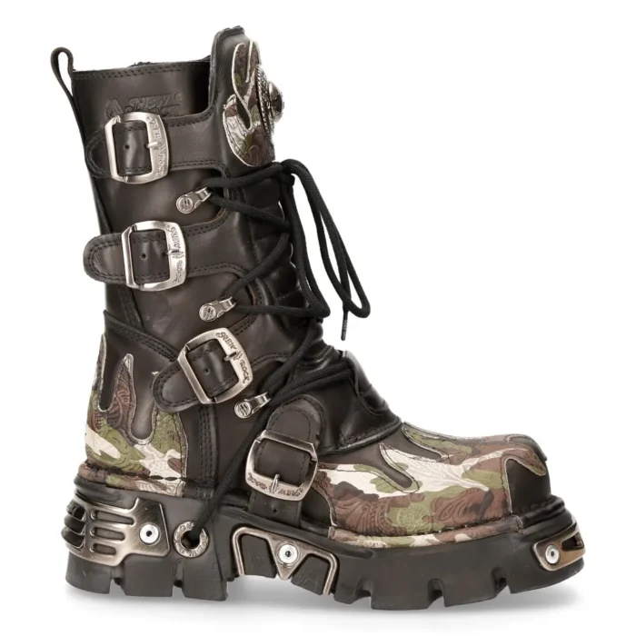 New Rock New Rock 591 S15 Camouflage Flame Metallic Black Leather Biker Goth Boot - Image 1