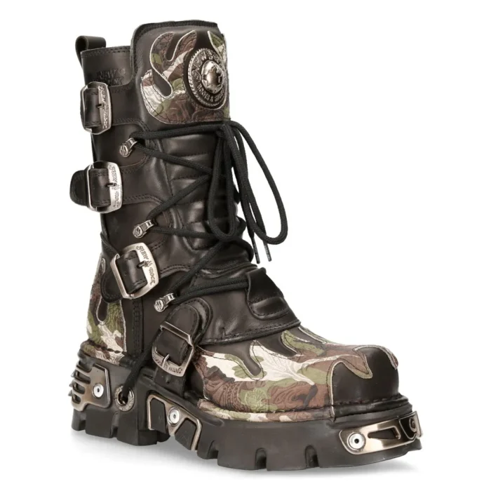 New Rock New Rock 591 S15 Camouflage Flame Metallic Black Leather Biker Goth Boot - Image 2