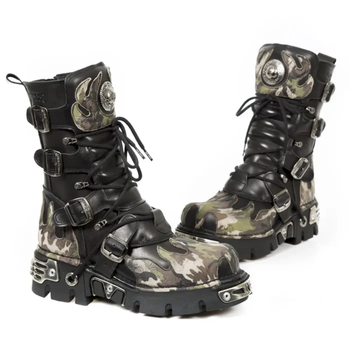 New Rock New Rock 591 S15 Camouflage Flame Metallic Black Leather Biker Goth Boot - Image 4